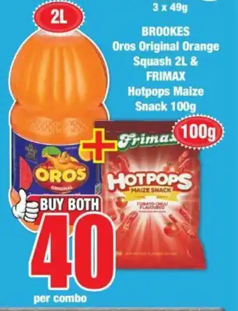 Boxer BROOKES Oros Original Orange Squash 2L & FRIMAX Hotpops Maize Snack 100g offer