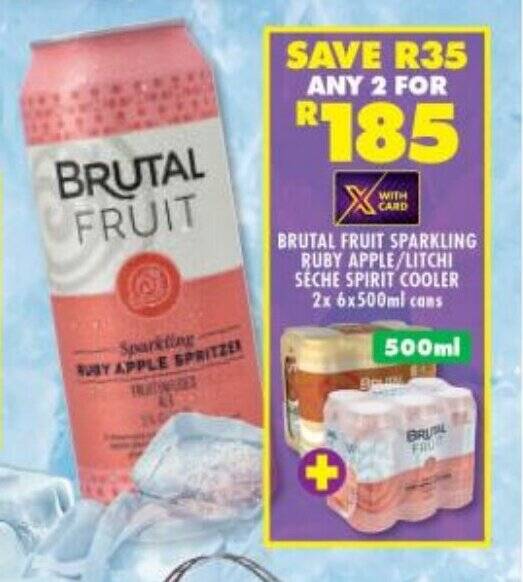 BRUTAL FRUIT SPARKLING RUBY APPLE/LITCHI SECHE SPIRIT COOLER 2x 6x500ml cans offer at Shoprite