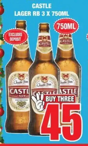 Boxer Liquors CASTLE LAGER RB 3 X 750ML offer