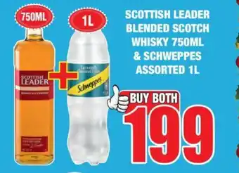 Boxer Liquors SCOTTISH LEADER BLENDED SCOTCH WHISKY 750ML & SCHWEPPES ASSORTED 1L offer