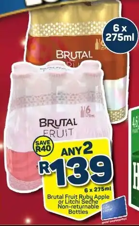 Pick n Pay 6 x 275ml Brutal Fruit Ruby Apple or Litchi Seche Non-returnable Bottles offer
