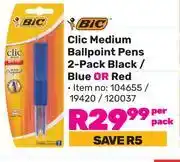 Game Bic clic medium ball point pens 2 pack black/blue or red-per pack offer