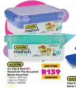 Game Addis 2l clip & seal or munch on the go lunch boxes assorted-for any 2 offer