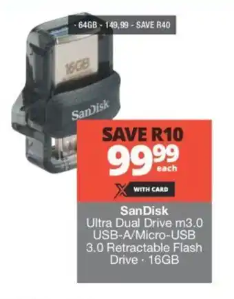 SanDisk Ultra Dual Drive m3.0 USB-A/Micro-USB 3.0 Retractable Flash Drive 16GB