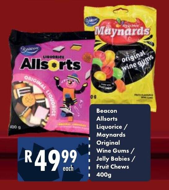 Beacon Allsorts Liquorice, Maynards Original Wine Gums, Jelly Babies