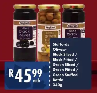 President Hyper Staffords Olives Black Sliced, Black Pitted, Green Sliced, Green Pitted, Bottle 340g offer