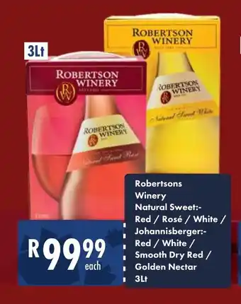 Robertsons Winery Natural Sweet Red/Rosé/White, Johannisberger Red/White/Smooth Dry Red/Golden Nectar 3Lt