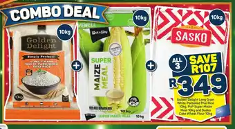 Pick n Pay Golden Delight Long Grain White Parboiled Thai Rice 10kg, PnP Super Maize Meal 10kg and Sasko Cake Wheat Flour 10kg offer
