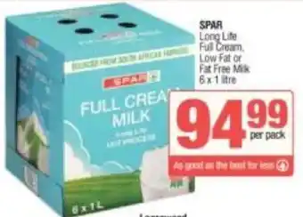 Spar SPAR Long Life Full Cream Low Fat or Fat Free Mik 6x1L offer