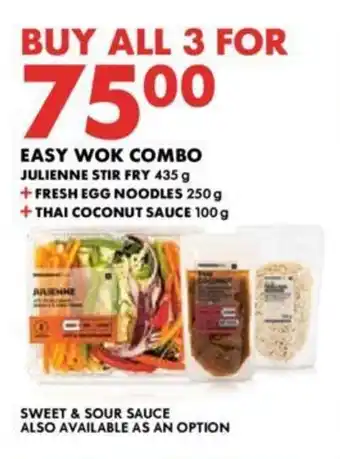 Woolworths EASY WOK COMBO JULIENNE STIR FRY 435g + FRESH EGG NOODLES 250g + THAI COCONUT SAUCE 100g offer