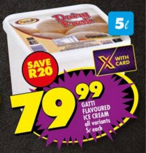 GATTI FLAVOURED ICE CREAM all variants 5L each offer at Shoprite