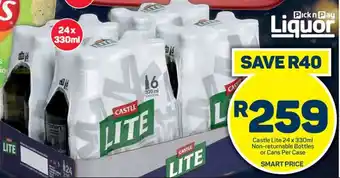 Pick n Pay Castle Lite 24 x 330ml Non-returnable Bottles or Cans Per Case offer
