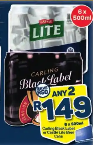 Pick n Pay 6 x 500ml Carling Black Label or Castle Lite Beer Cans offer