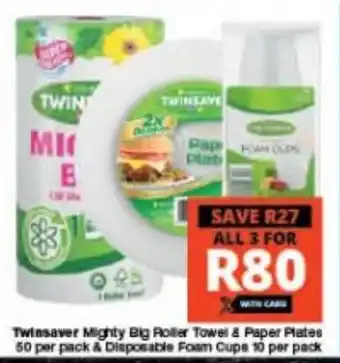 Checkers Twinsaver Mighty Big Roller Towel & Paper Plates 50 per pack & Disposable Foam Cups 10 per pack offer