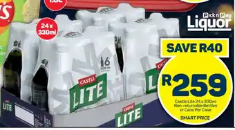 Pick n Pay Hypermarket Castle Lite 24 x 330ml Non-returnable Bottles or Cans Per Case offer