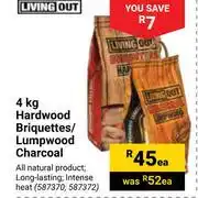 Builders Warehouse Living out 4kg hardwood briquettes/lumpwood charcoal 587370,587372 -each offer