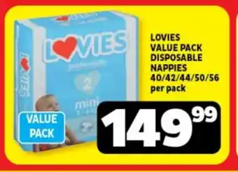 LOVIES VALUE PACK DISPOSABLE NAPPIES 40/42/44/50/56 per pack