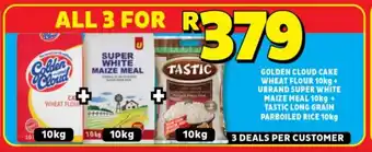 GOLDEN CLOUD CAKE WHEAT FLOUR 10kg + UBRAND SUPER WHITE MAIZE MEAL 10kg + TASTIC LONG GRAIN PARBOILED RICE 10kg