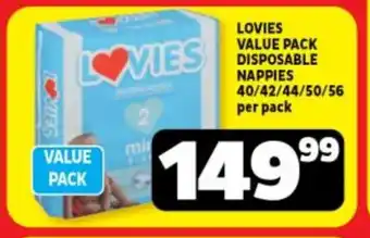 Usave LOVIES VALUE PACK DISPOSABLE NAPPIES 40/42/44/50/56 per pack offer