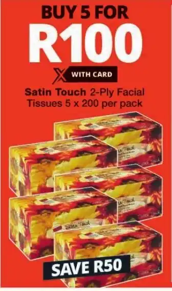 Checkers Hyper Satin Touch 2-Ply Facial Tissues 5 x 200 per pack offer