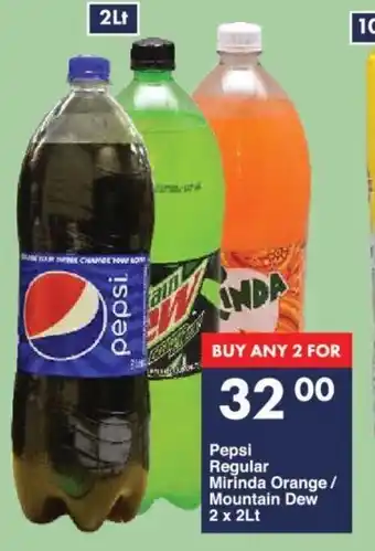 President Hyper Pepsi Regular Mirinda Orange/ Mountain Dew 2 x 2Lt offer