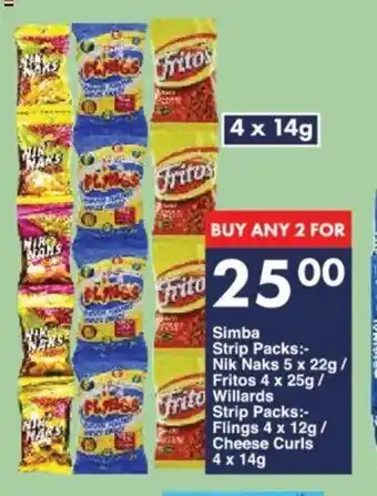 President Hyper Simba Strip Packs Nik Naks 5 x 22g/ Fritos 4 x 25g/ Willards Strip Packs Flings 4 x 12g/ Cheese Curls 4 x 14g offer