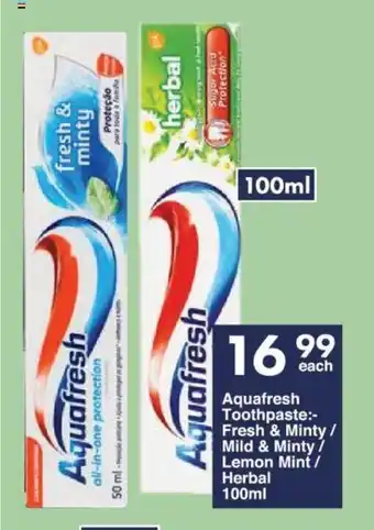 President Hyper Aquafresh Toothpaste Fresh & Minty/ Mild & Minty/ Lemon Mint/ Herbal 100ml offer
