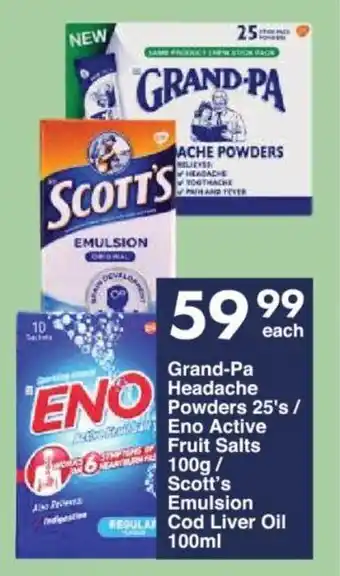 President Hyper Grand-Pa Headache Powders 25's/ Eno Active Fruit Salts 100g/ Scott's Emulsion Cod Liver Oil 100ml offer