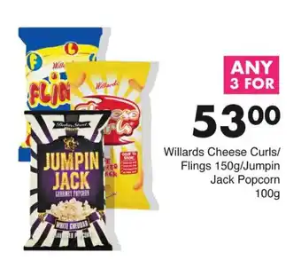 Willards Cheese Curls/ Flings 150g/Jumpin Jack Popcorn 100g