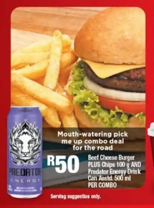 Beef Cheese Burger Plus Chips 100g And Predator Energy Drink Can Asstd 500ml Per Combo Offer At 3374