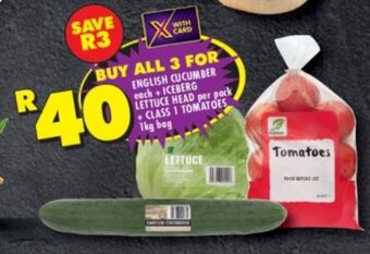 Shoprite English Cucumber + Iceberg Lettuce Head + Class 1 Tomatoes 1kg offer
