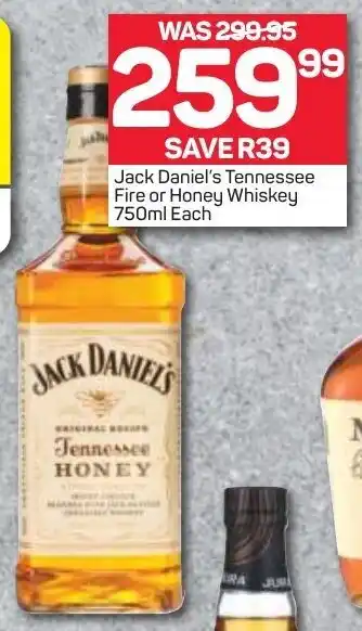 Pick n Pay Liquor Jack Daniel's Tennessee Fire or Honey Whiskey 750ml offer
