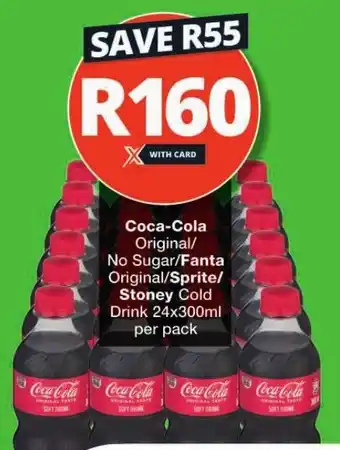 Checkers Coca-Cola Original/ No Sugar/Fanta Original/Sprite/ Stoney Cold Drink 24x300ml per pack offer