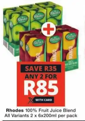 Checkers Rhodes 100% Fruit Juice Blend All Variants 2 x 6x200ml per pack offer