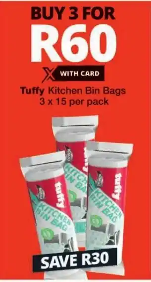 Checkers Tuffy Kitchen Bin Bags 3 x 15 per pack offer