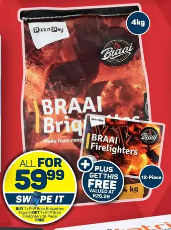 Pick n Pay Hypermarket BUY 1x PnP Braai Briquettes 4kg and GET 1x PnP Braai Firelighters 12-Piece FREE offer