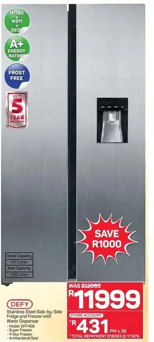 Pick n Pay Defy Stainless Steel Side-by-Side Fridge and Freezer with Water Dispenser offer