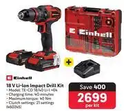 Makro Einhell 18v li-ion impact drill kit 460245-per kit offer