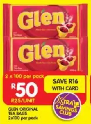 Shoprite GLEN ORIGINAL TEA BAGS 2x100 per pack offer