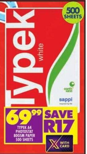 TYPEK A4 PHOTOSTAT 80GSM PAPER 500 SHEETS offer at Shoprite