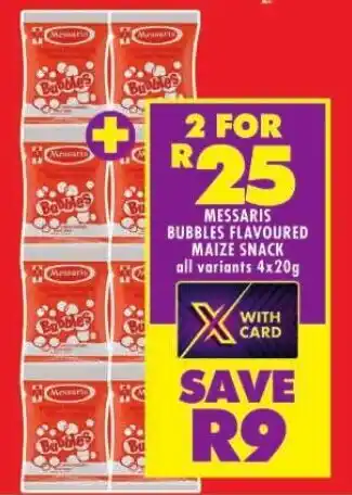 Shoprite MESSARIS BUBBLES FLAVOURED MAIZE SNACK all variants 4x20g offer
