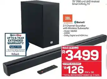 Pick n Pay JBL 2.1 Channel Soundbar with Wireless Subwoofer offer