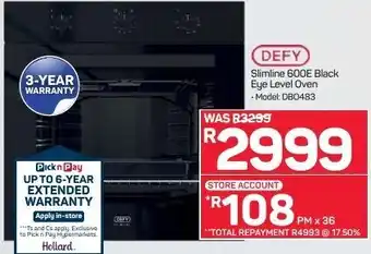 Pick n Pay Defy Slimline 600E Black Eye Level Oven offer