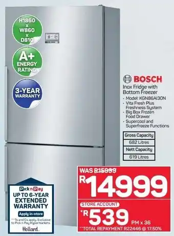 Pick n Pay Bosch Inox Fridge with Bottom Freezer offer