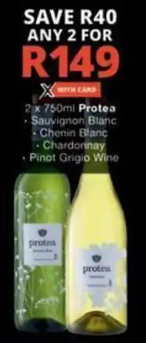 Checkers 2 x 750ml Protea Sauvignon Blanc, Chenin Blanc, Chardonnay, Pinot Grigio Wine offer