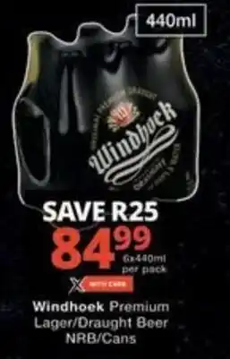 Checkers Windhoek Premium Lager/Draught Beer NRB/Cans offer