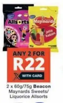 Checkers 2 x 60g/75g Beacon Maynards Sweets/ Liquorice Allsorts offer