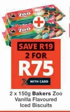 Checkers Hyper 2 x 150g Bakers Zoo Vanilla Flavoured Iced Biscuits offer