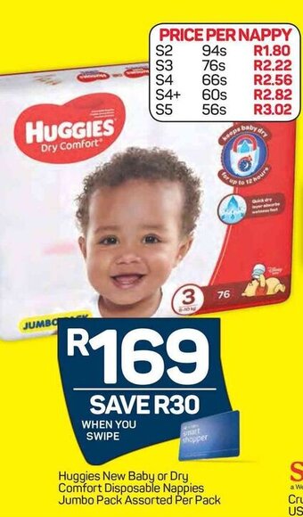 Pick n Pay Huggies New Baby or Dry Comfort Disposable Nappies Jumbo Pack Assorted offer