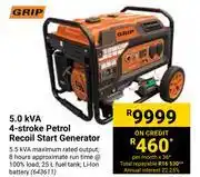 Builders Warehouse Grip 5.0 kva 4 stroke petrol recoil start generator offer